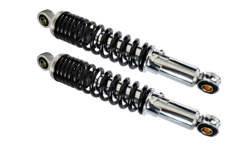 Rear Shock Absorbers Ruikai 395 mm – Chrome / Black Springs – Zündapp / Hercules / Kreidler / Puch